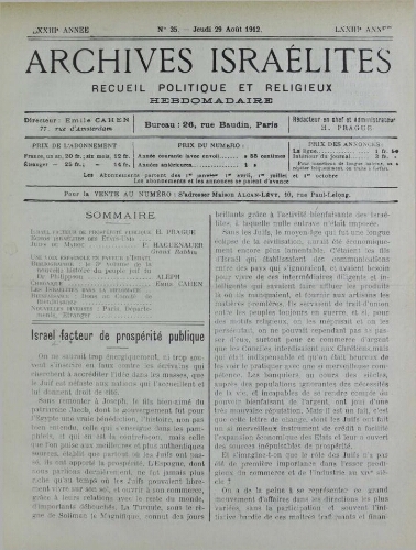 Archives israélites de France. Vol.73 N°35 (29 août 1912)